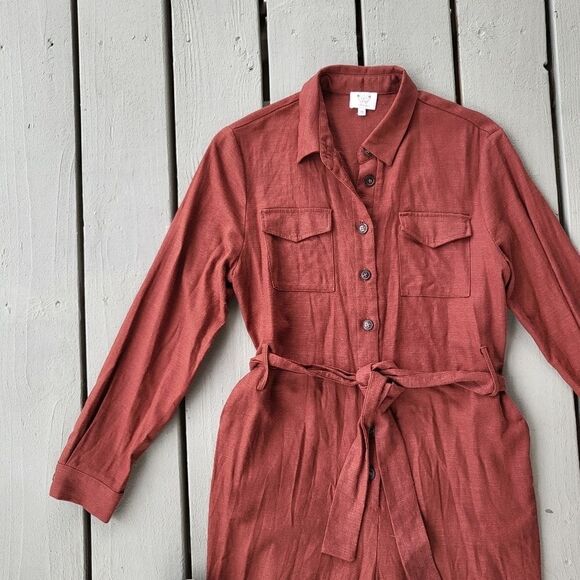 Six Crisp Days Rust 3/4 Sleeve Button Down Belted Linen Blend Doma Jumpsuit Sz M - Picture 6 of 10